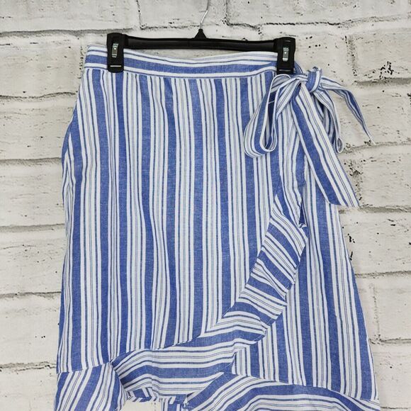 Loft Wrap Tie Knee Length Skirt Rayon Linen Blue White Striped Women's Size 8 - Picture 2 of 13